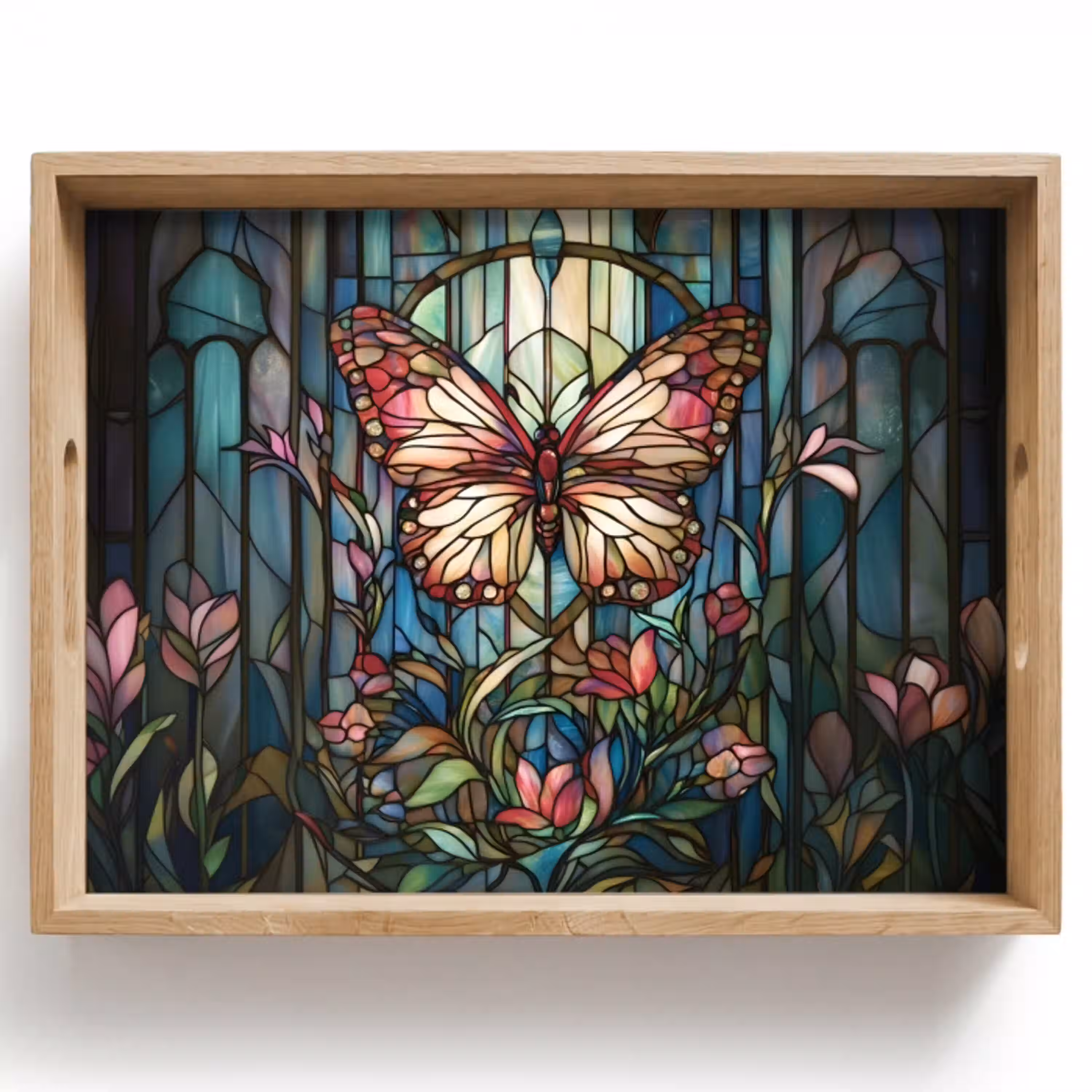 Vlinder - Roze - Bloemen - Bladeren Dienblad Rechthoek middel -z3d_shopping