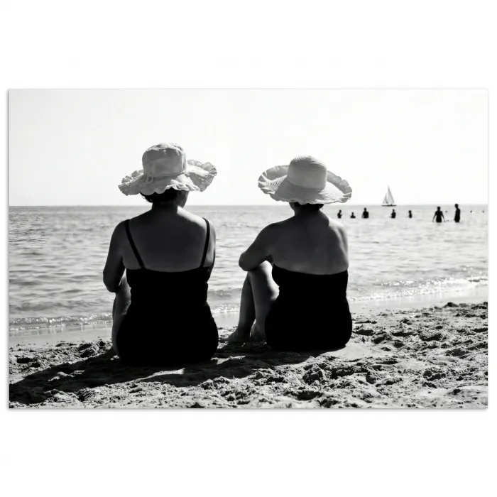 Vrouwen - Zonnehoed - Strand - Zwart - Wit poster papier klein -3d