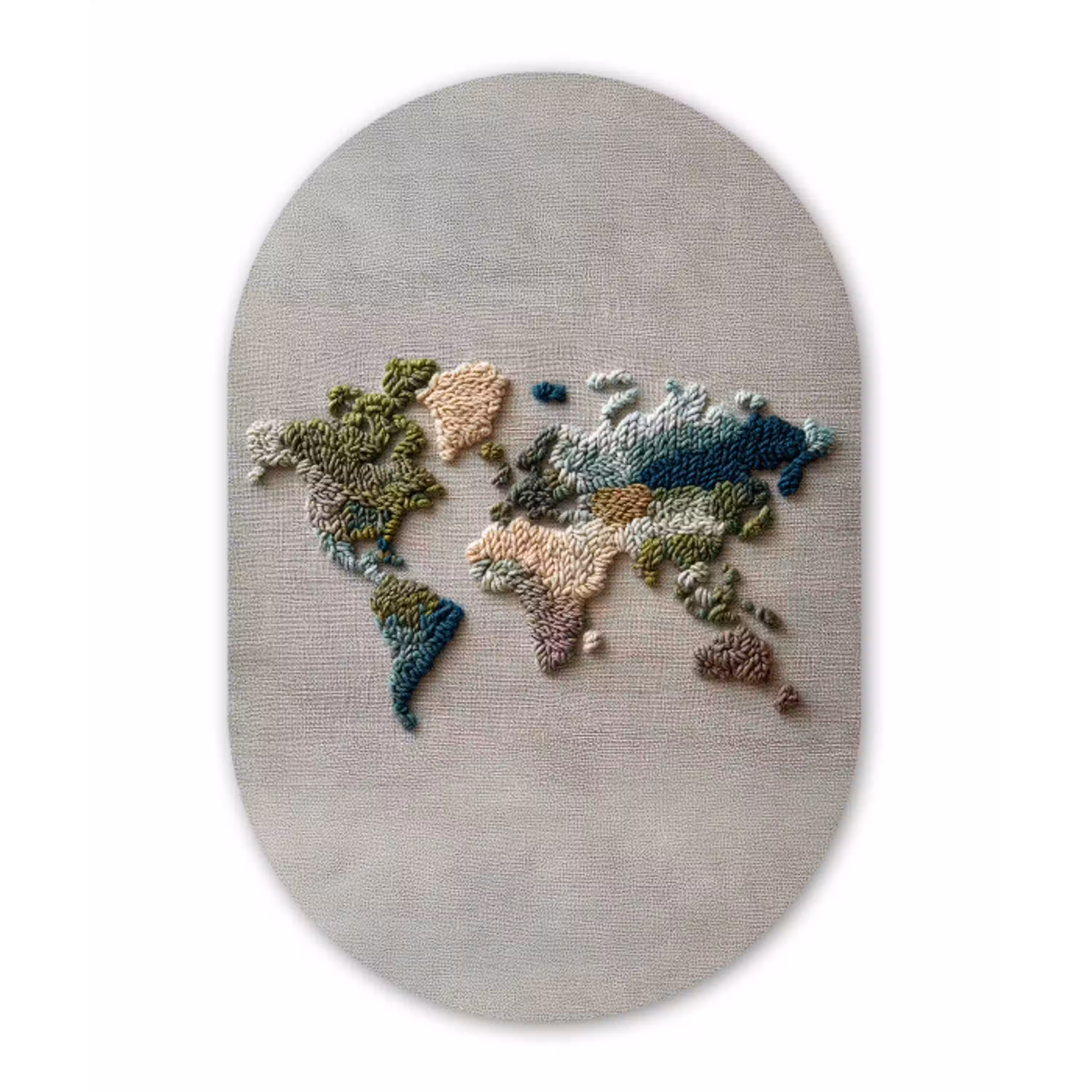 Wereldkaart - Geborduurd - Aardetinten Wandcirkel Ovaal Glas middel -3d