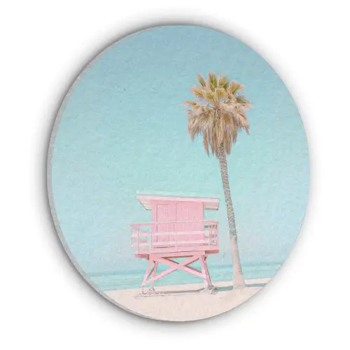 Palmboom - Strandhuis - Roze Akoestische PET Vilt - Rond klein -3d