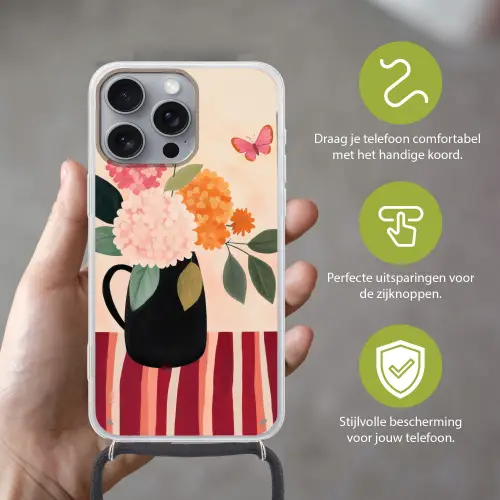 Vaas - Bloemen - Vlinder - Rood Hoesje iPhone 16 Pro Max met koord klein -sfeer2_NL