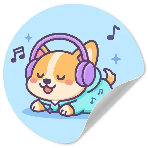 Corgi - Koptelefoon - Blauw - Muzieknoten Wandcirkel behangsticker klein -3d