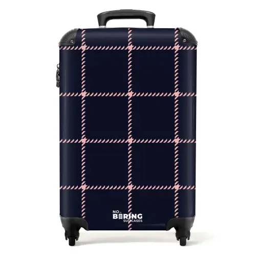Donkerblauw ruitpatroon met roze visgraatlijnen NBS - Handbagage koffer - Kinderen Unisex middel -productfoto_recht