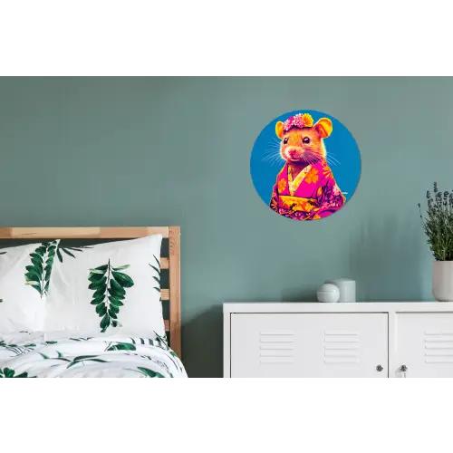 Muis - Kimono - Bloemen - Blauw Wandcirkel aluminium klein -slaapkamer