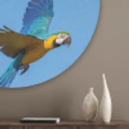 Papagaai - Vliegen - Blauw - Geel Akoestische PET Vilt - Rond klein -sfeer5_closeup