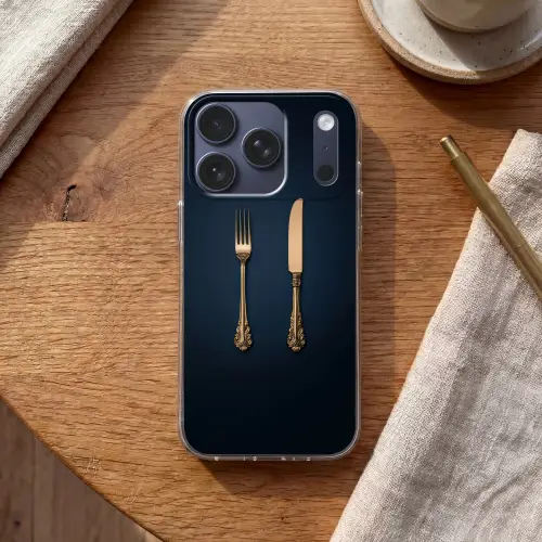 Bestek - Donkerblauw - Goud Telefoonhoesje iPhone 17 Pro klein -sfeer1