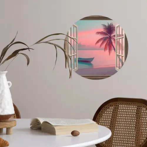 Doorkijk - Strand - Palmboom - Tropisch Wandcirkel behangsticker klein -sfeer3