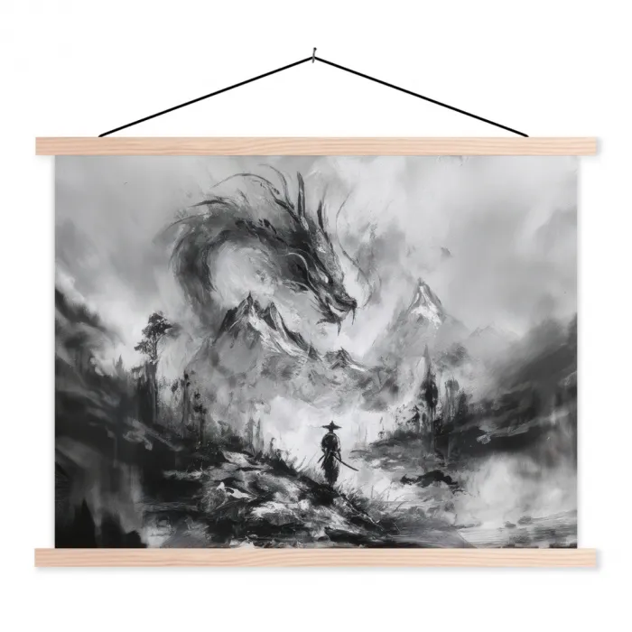 Krijger - Draak - Grijs textielposter latten blank klein -3d