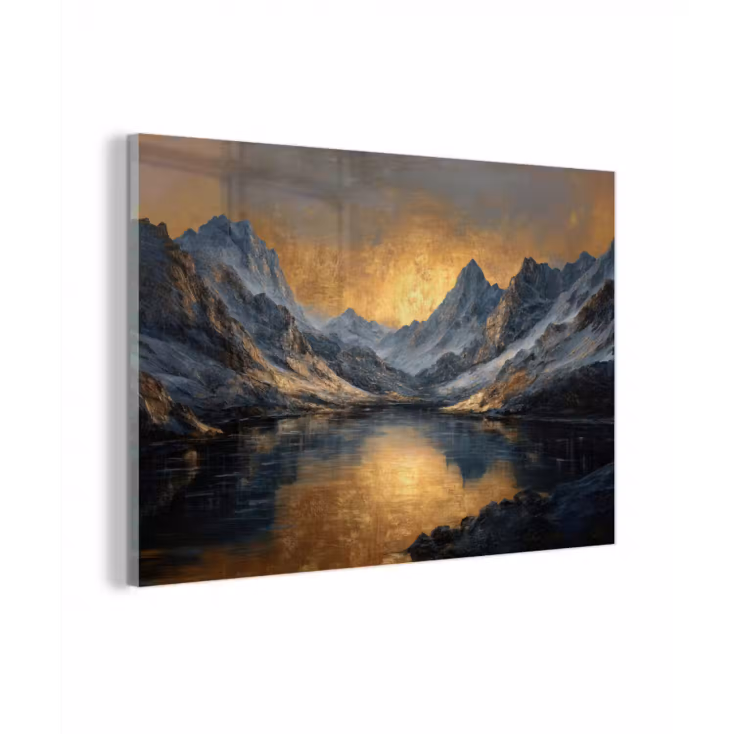 Glas schilderij - Berglandschap met Gouden Zonsondergang