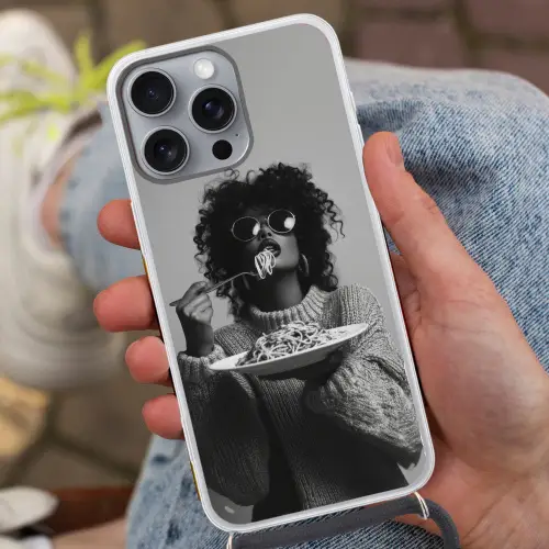 Vrouw - Pasta - Zwart - Wit Hoesje iPhone 16 Pro Max met koord klein -sfeer3