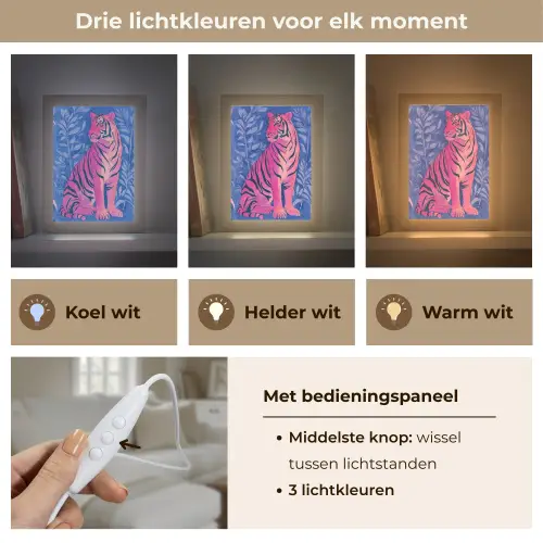 Tijger - Roze - Bladeren - Jungle Light Box met kabel (Tafellamp) klein -USP_lichtkleurNL