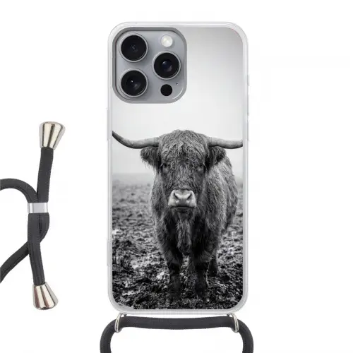 Schotse hooglander - Zwart - Wit - Gras Hoesje iPhone 16 Pro Max met koord klein -3d