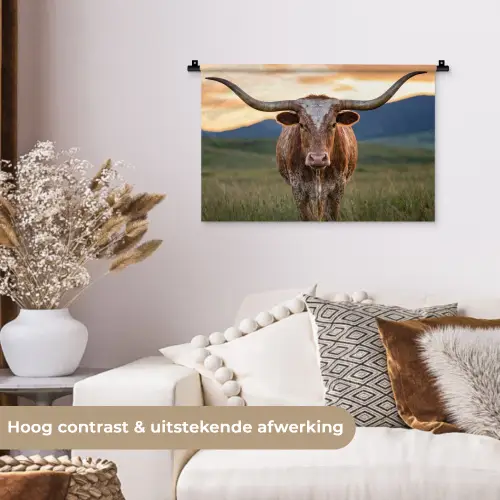 Longhorn - Landschap - Zonsondergang Wandkleed katoen klein -sfeer1