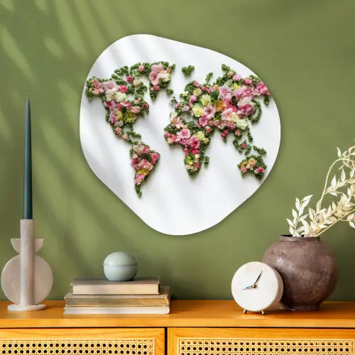 Wereldkaart - Kleurrijk - Bloemen - Lente Wandcirkel Organisch Aluminium middel -sfeer2