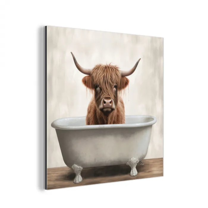 Schotse hooglander - Bad - Badkamer - Badkuip - Bruin - Horens aluminium wit klein -3d