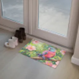 Papagaai - Hibiscusbloemen - Kleurrijk Deurmat klein -sfeer3