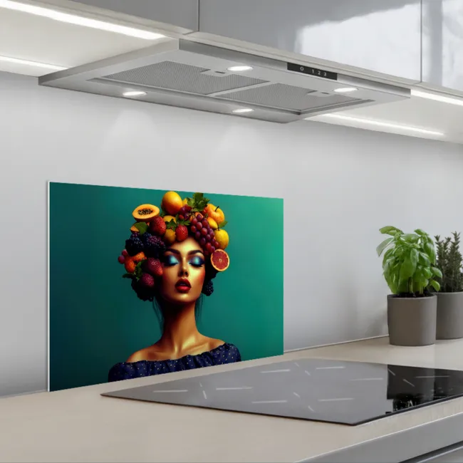 Vrouw - Hoodtooi - Tropisch - Fruit - Druiven keuken achterwand spatscherm klein -3d_schuin