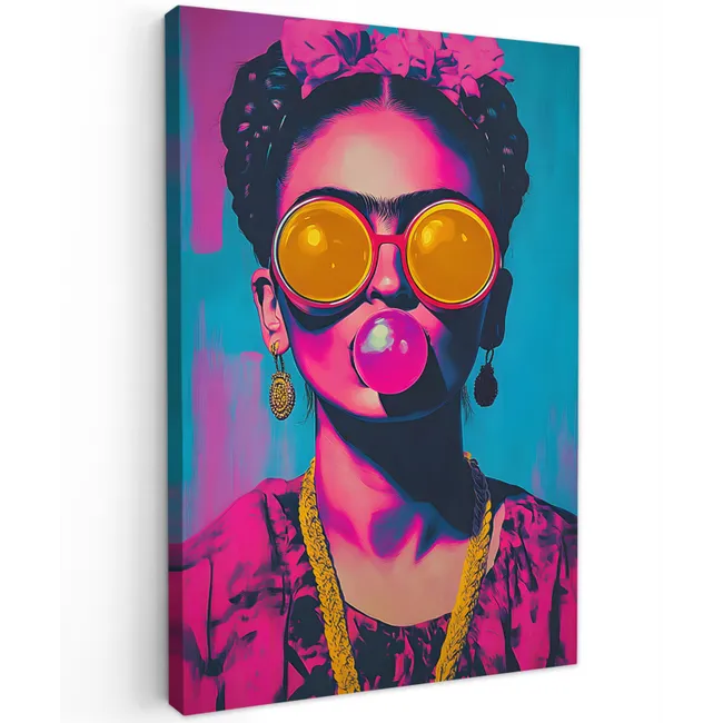 Vrouw - Kauwgom - Zonnebril - Oranje Tuinposter op houten frame 2 cm dik klein -3d