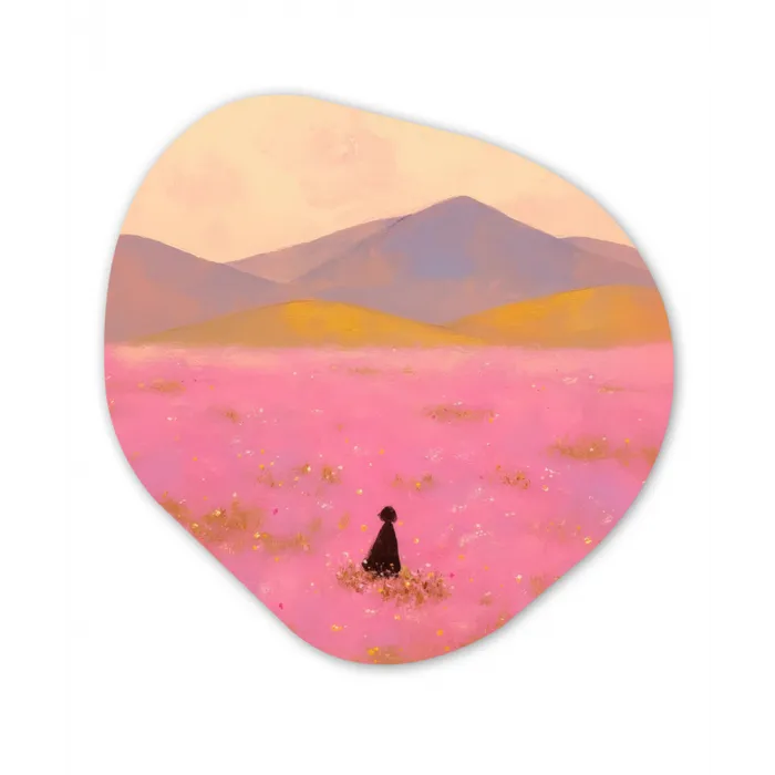 Bloemenweide - Heuvels - Silhouet - Roze Wandcirkel Organisch Aluminium middel -3d