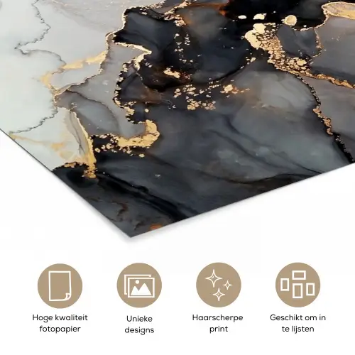 Zwart - Marmer - Luxe - Goud poster papier klein -closeup_NL