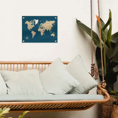 Wereldkaart - Donkerblauw - Beige tuinposter los doek klein -sfeer7