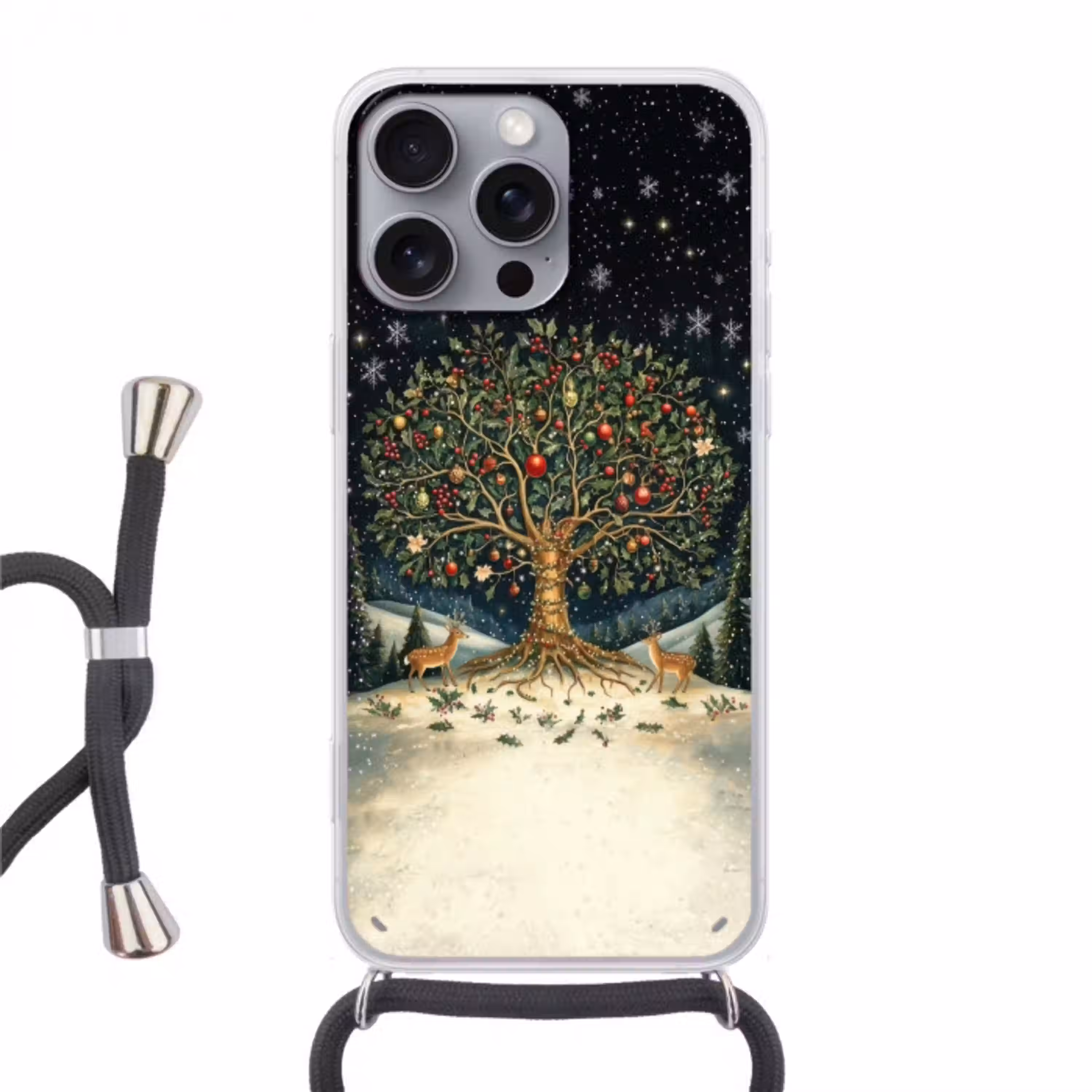Feestboom - Winterhemel - Kleurrijk Hoesje iPhone 16 Pro Max met koord klein -3d
