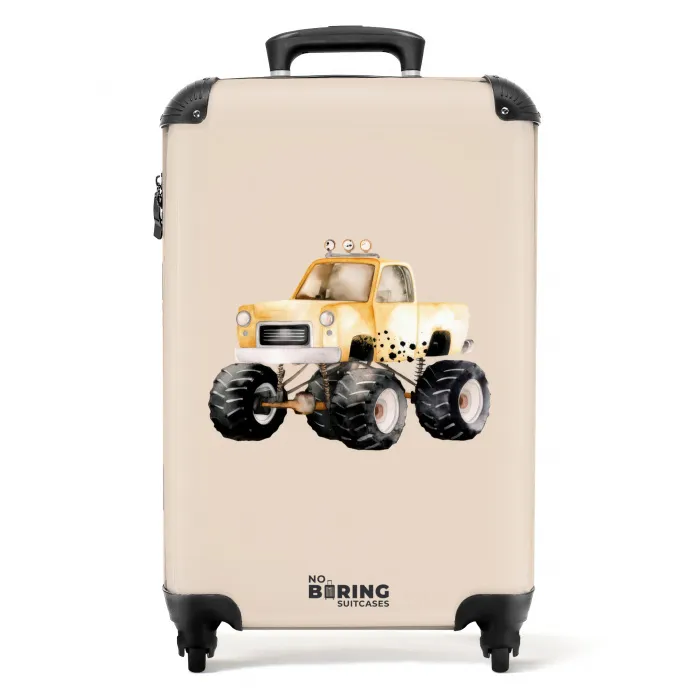 Gele monstertruck op een beige achtergrond NBS - Handbagage koffer - Kinderen Unisex middel -productfoto_recht