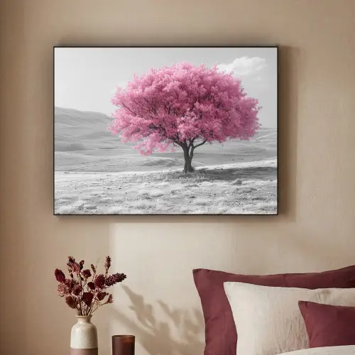 Boom - Natuur - Roze - Zwart wit Textielframe zwart klein -sfeer1