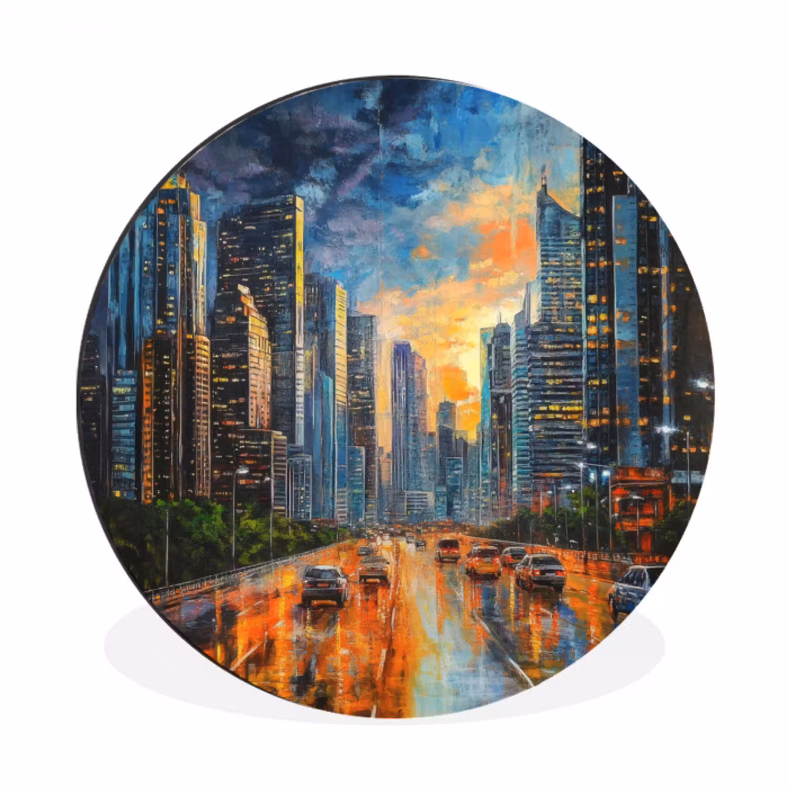 Auto - Skyline - Zon - Blauw Wandcirkel aluminium klein -3d