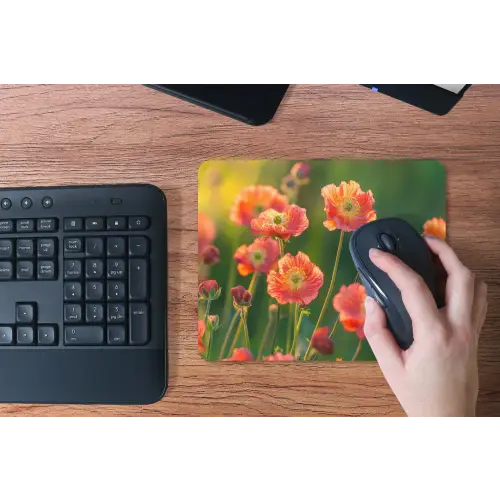 Bloemenveld - Zonnestralen - Oranje muismat rubber klein -toetsenbord
