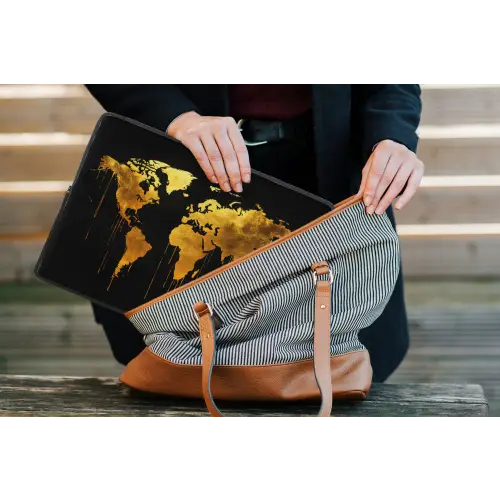 Wereldkaart - Goud - Druipen - Zwart laptophoes neopreen klein -tas