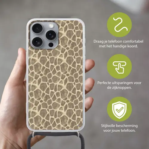 Giraf - Patroon - Beige - Bruin Hoesje iPhone 16 Pro Max met koord klein 804 -sfeer2_NL