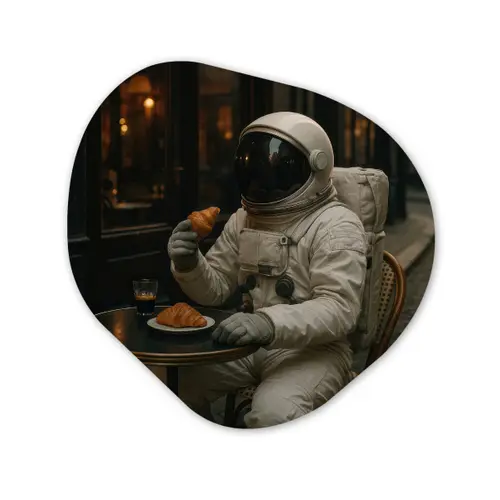 Café - Croissant - Koffie - Astronaut Wandcirkel Organisch Forex 3mm klein -3d