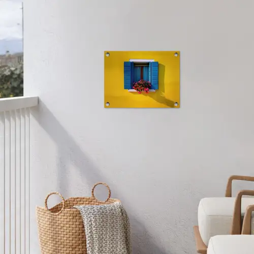 Raam - Bloemen - Gele muur tuinposter los doek klein -sfeer8