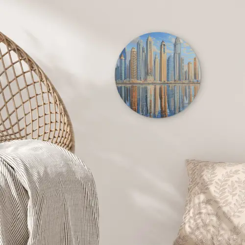Skyline - Wolkenkrabbers - Water - Blauw Akoestische PET Vilt - Rond klein -sfeer4