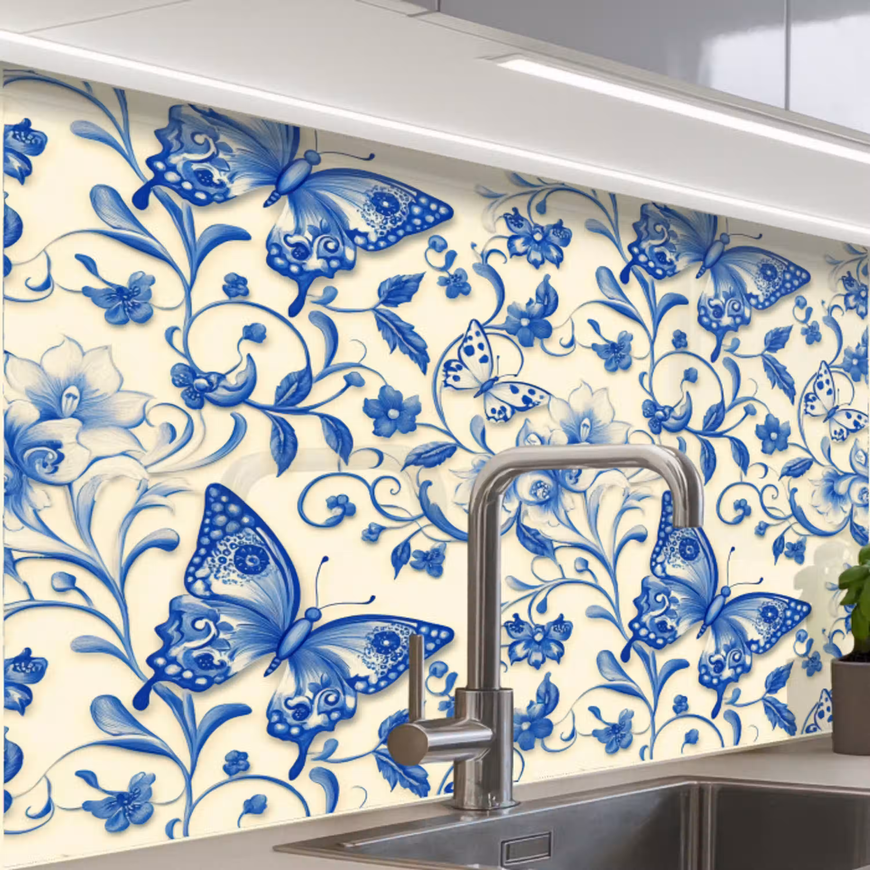 Vlinders - Bloemen - Blauw - Botanisch keuken achterwand 2 middel 865 -zzzz3d_schuin