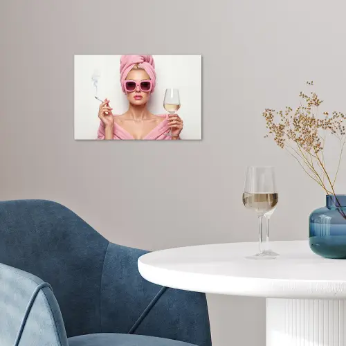 Vrouw - Roze - Wijn - Zonnebril poster papier klein -sfeer3