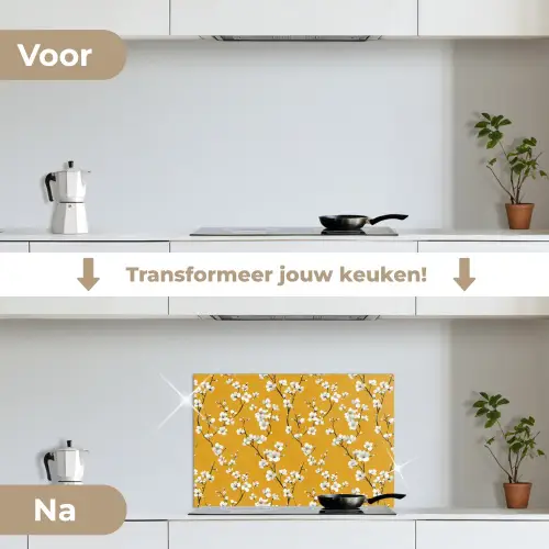 Bloesemtak - Aquarel - Geel keuken achterwand spatscherm klein 900 -voor_na_NL