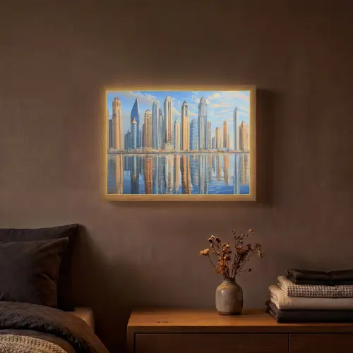 Skyline - Wolkenkrabbers - Water - Blauw Light Box met batterij (Wandlamp) middel -sfeer4
