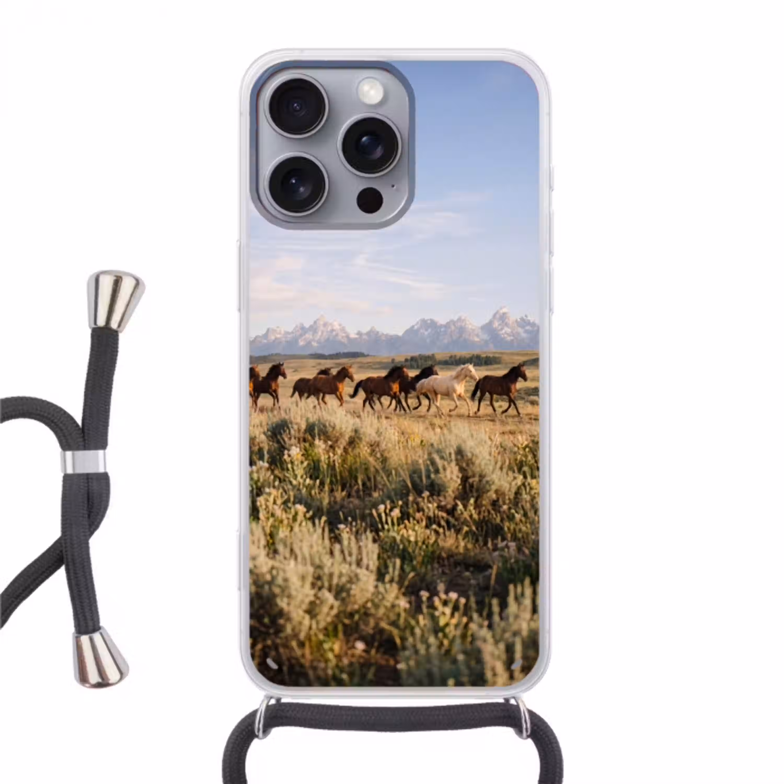 Paarden - Kudde - Bergen - Vrijheid - Wild Hoesje iPhone 16 Pro Max met koord klein -3d