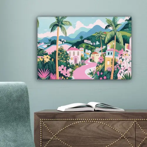 Kleurrijk - Huizen - Heuvels - Roze canvas 2cm klein -sfeer4