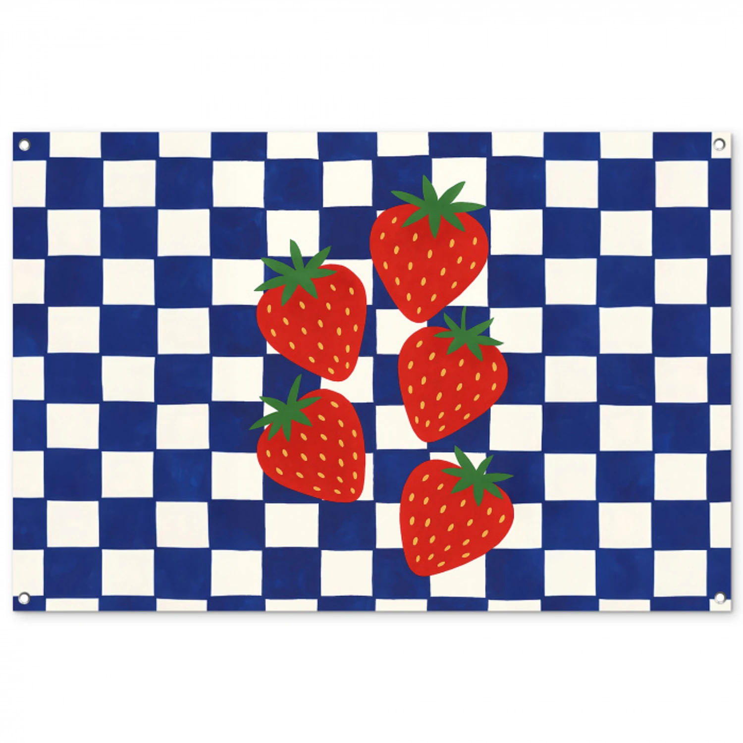 Geblokt - Blauw - Aardbeien tuinposter los doek groot -3d