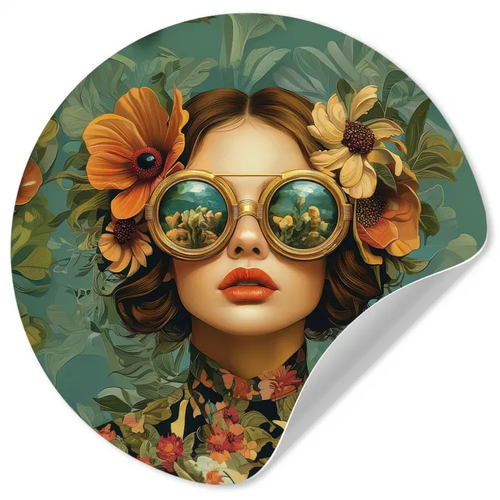 Vrouw - Bloemen - Vlinders - Natuur - Vintage Wandcirkel behangsticker klein -3d