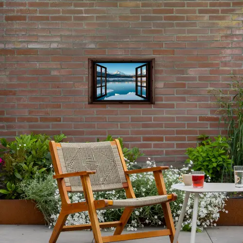 Doorkijk - Winterlandschap - Meer - Bergen - Uitzicht Tuinposter op houten frame 2 cm dik klein -sfeer3