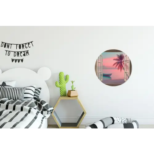 Doorkijk - Strand - Palmboom - Tropisch Wandcirkel aluminium klein -kinderkamer