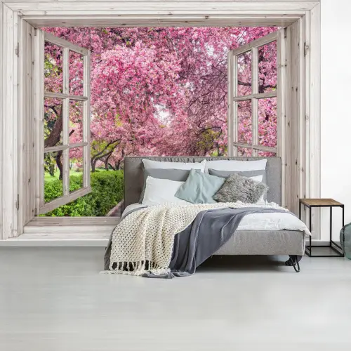 Japans - Sakura - Bloesem - Boom - Bloesem takken - Doorkijk fotobehang vinyl groot -slaapkamer