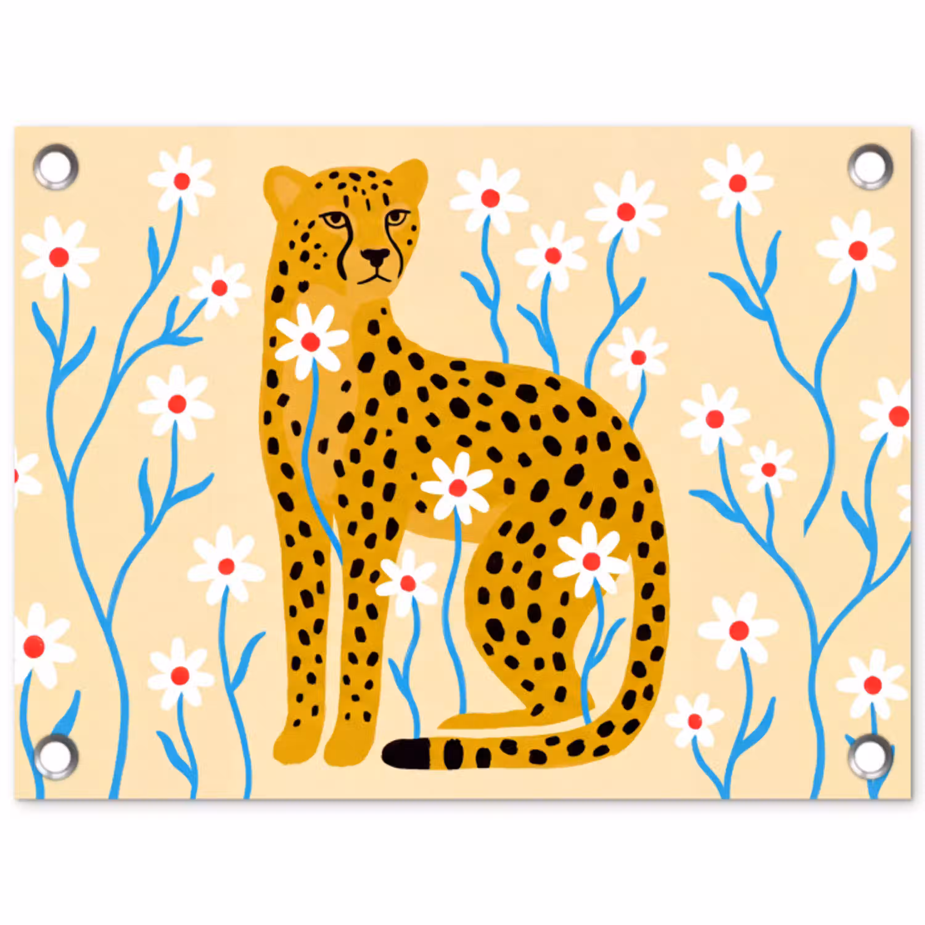 Dieren - Jachtluipaard - Bloemen - Modern - Geel tuinposter los doek klein -3d