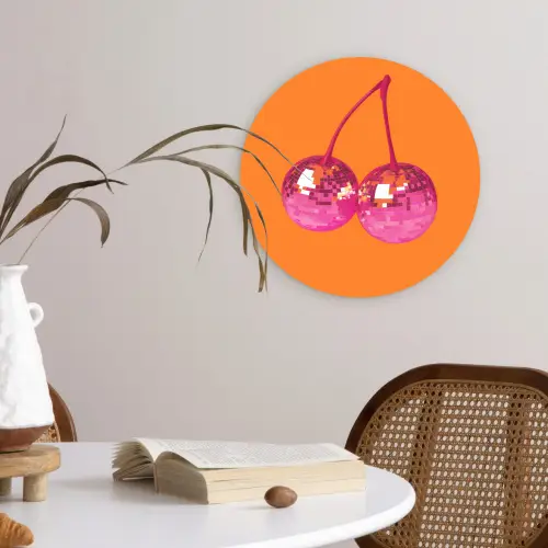 Discoballen - Kers - Spiegels - Roze Wandcirkel kunststof plaat 5mm dik klein -sfeer4