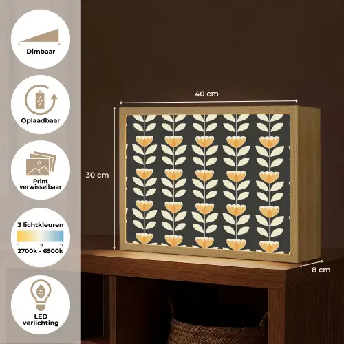 Retro - Bloem - Zwart - Okergeel Light Box met batterij (Wandlamp) middel 907 -USP_websiteoverzichtNL