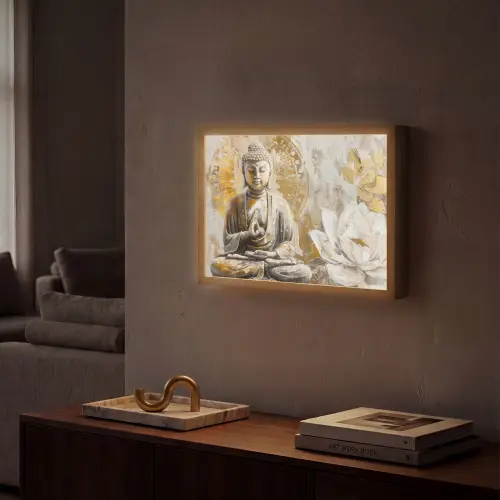 Boeddha - Bloem - Lotus - Wit - Goud - Zen Light Box met batterij (Wandlamp) middel -sfeer1